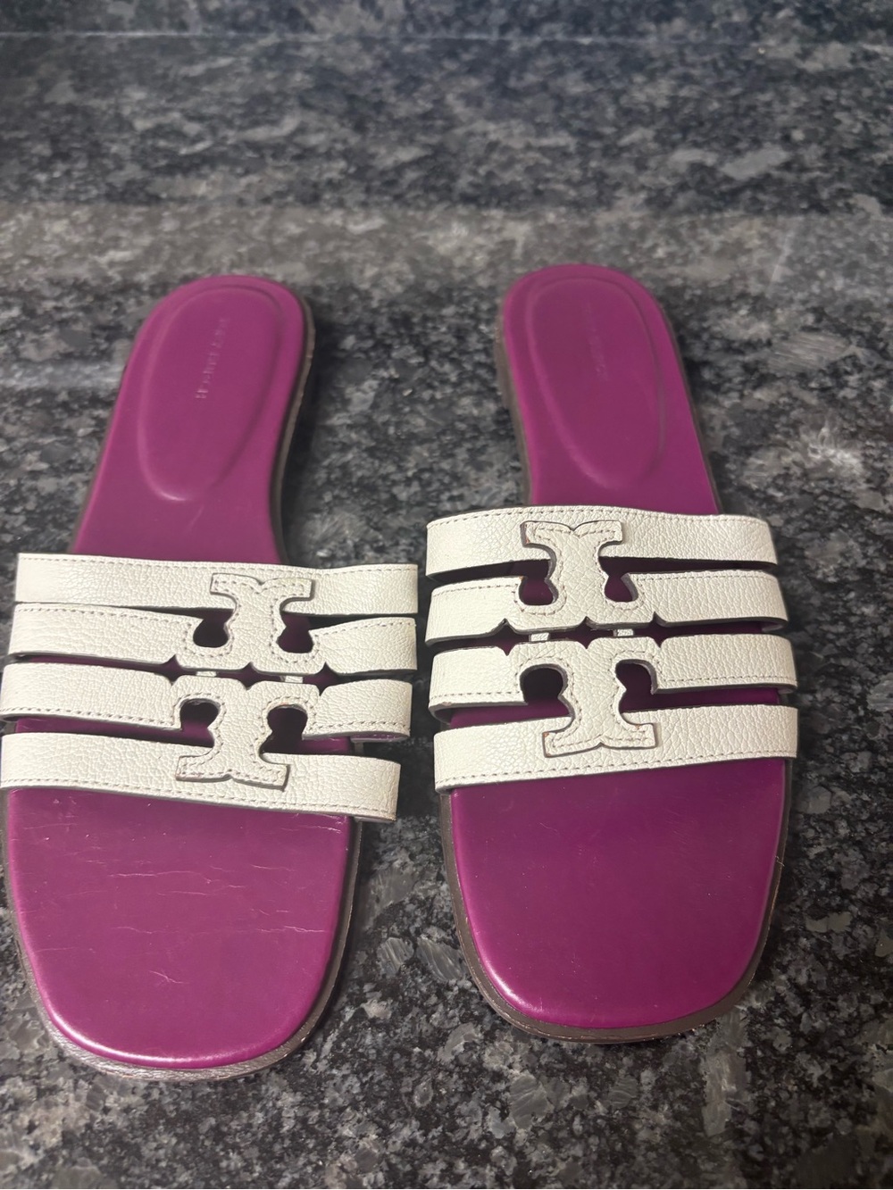 Tory Burch White Triple-Strap Slide Sandals with Fuchsia Footbed